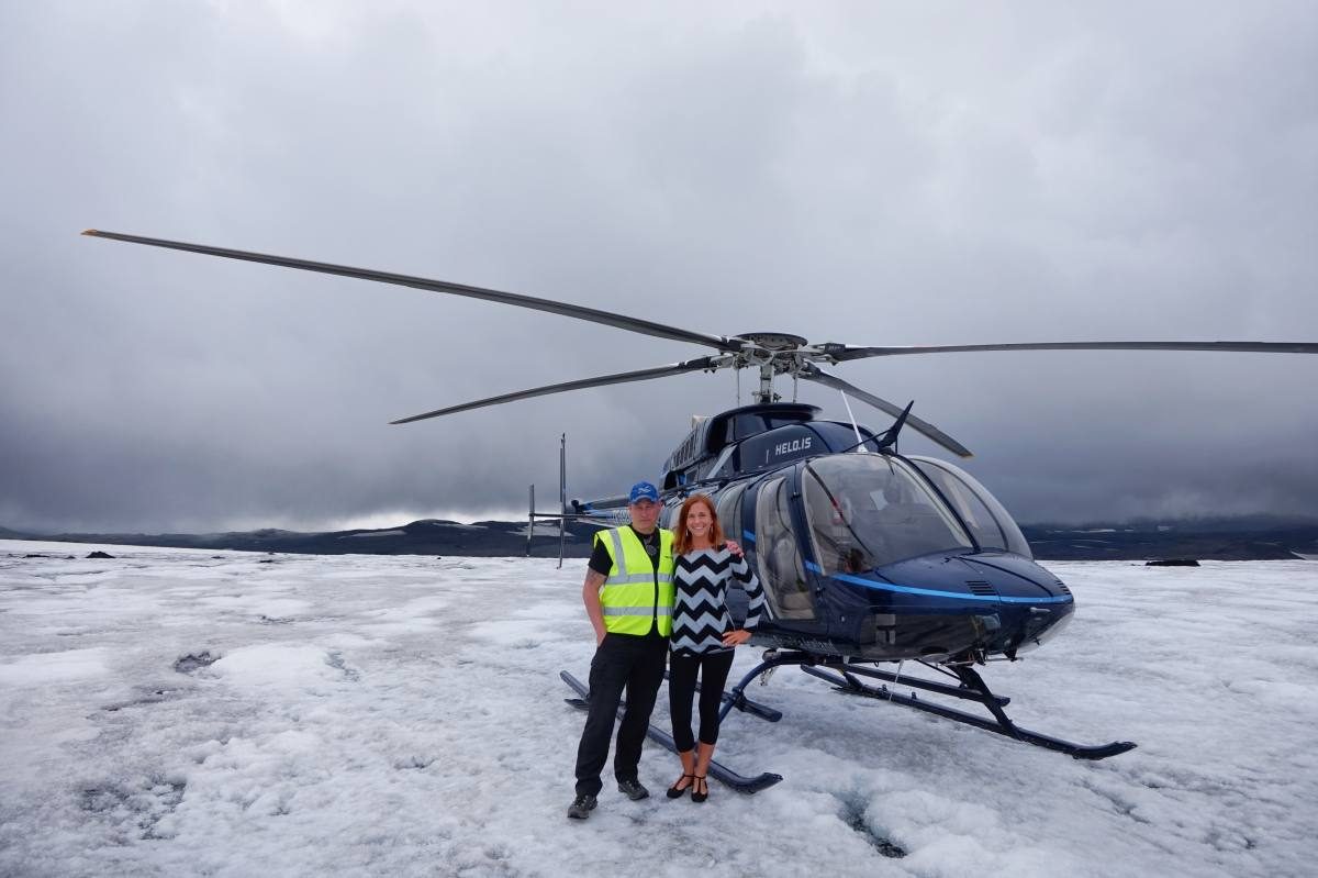 Helicoper over Iceland with glacier landing
