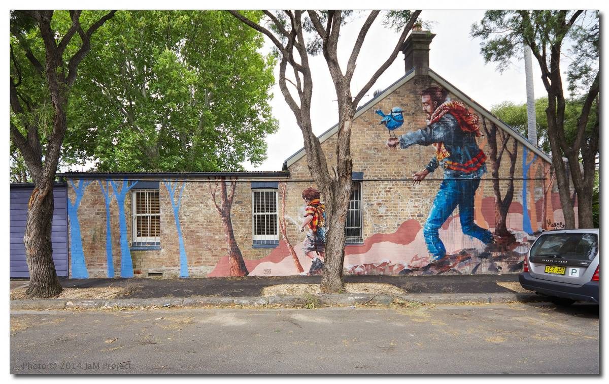Street art mural showcasing dynamic figures, indicative of Sydney's vibrant art scene and cultural diversity welcoming to newcomers.