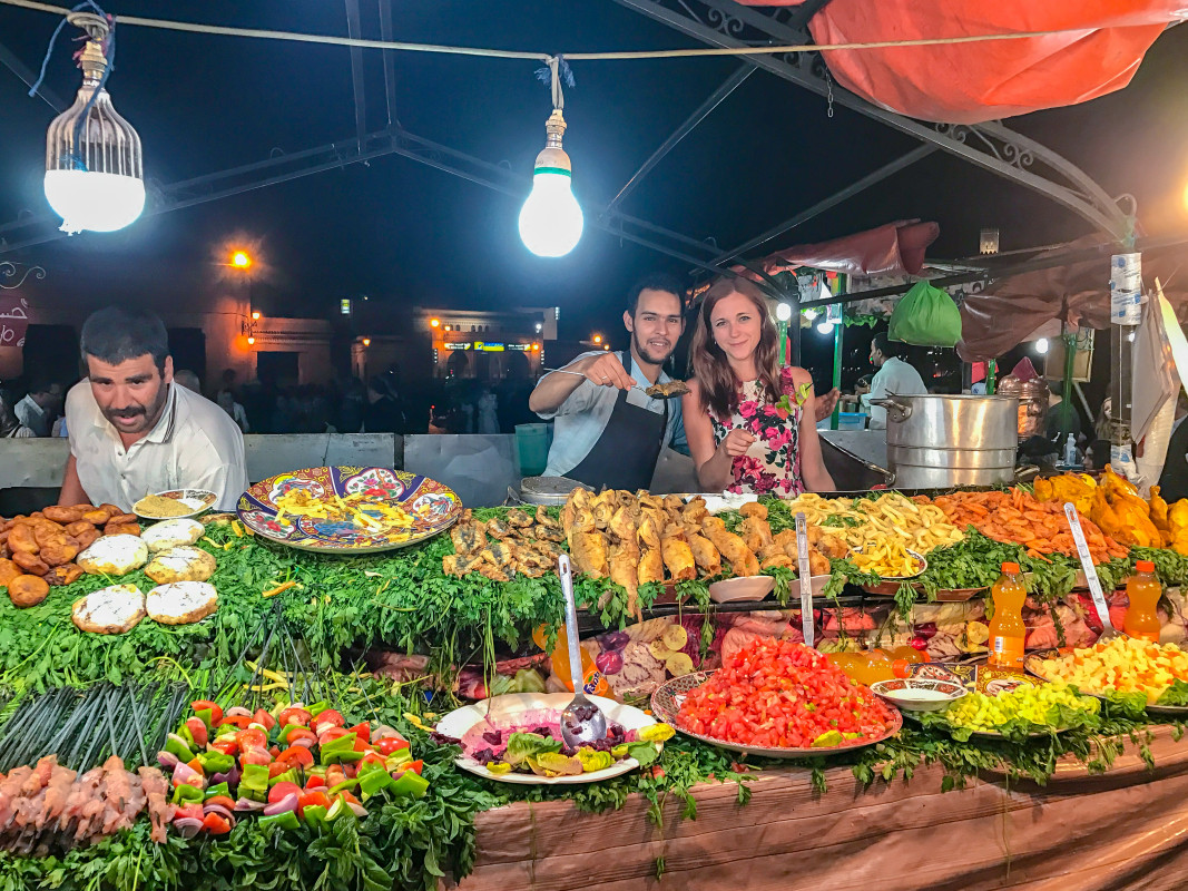 Jamaa el Fna Square
A vibrant food stall in Jamaa el Fna Square square, a Marrakech night market, where trying local cuisines is a top travel tip for visitors.
