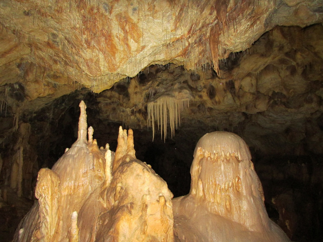 Jaskinia Niedzwiedzia Intricate stalagmites and stalactites in the depths of a dimly lit limestone cave, showcasing geological wonders.