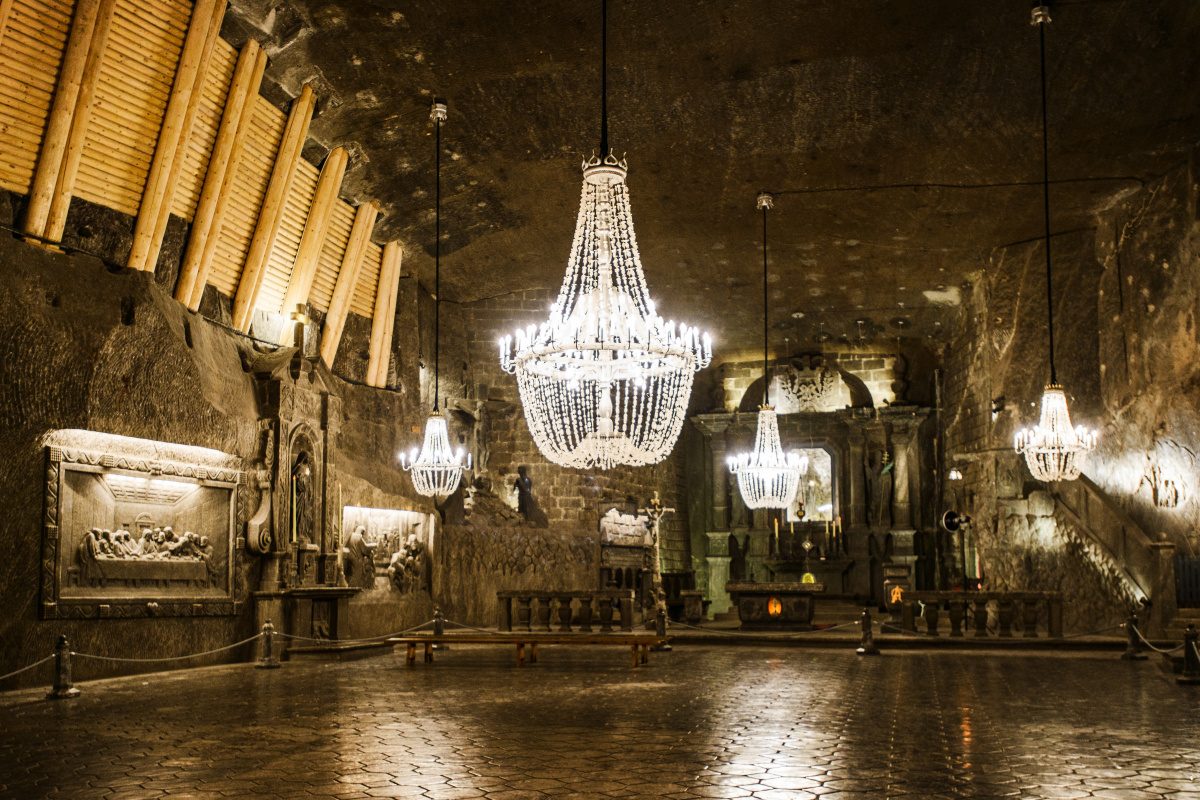 Wieliczka The magnificent Wieliczka Salt Mine, with its grand chandeliers and carved salt walls, offers a unique subterranean experience in Poland.