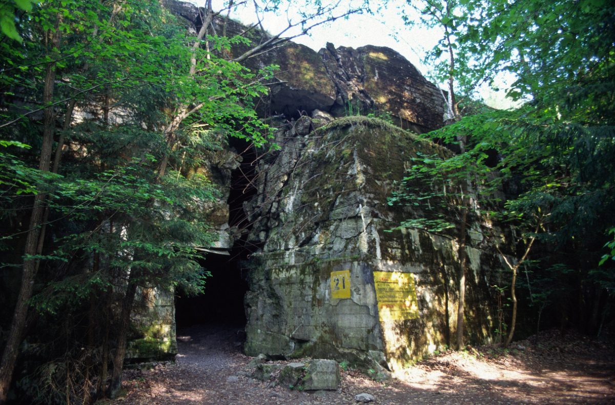 Wolf's Liar The somber entrance to a World War II bunker hidden in the dense forests of Poland, a silent witness to the country's turbulent history.