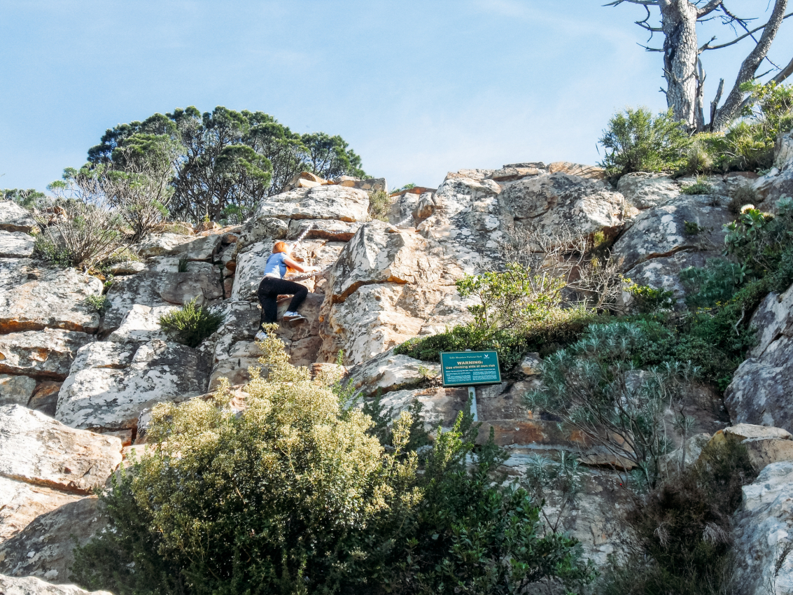 Adventurous traveler climbing up Lions Head with Cape Town's landscape stretching below, showcasing the outdoor activities and adventures available in Cape Town.