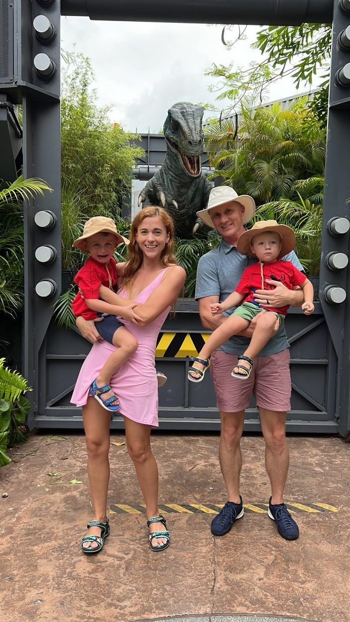 Family capturing a memorable moment with their toddlers at Universal Studios Orlando, where every corner promises fun for little ones.
